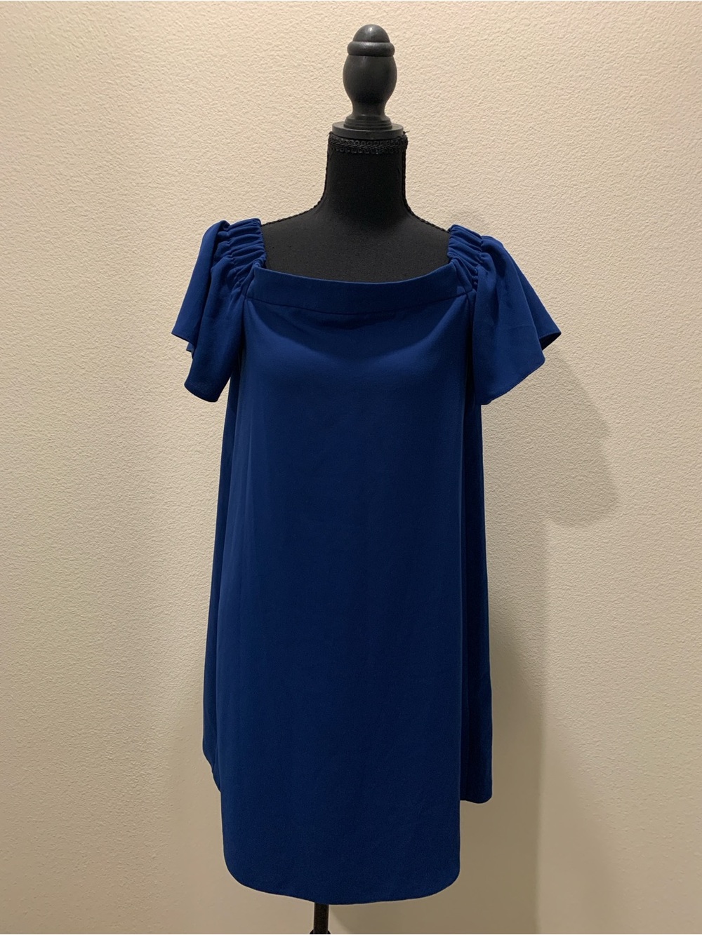 Topshop Cobalt Blue Square-Neck Mini Dress with Ruffled Sleeves (Size 8)
